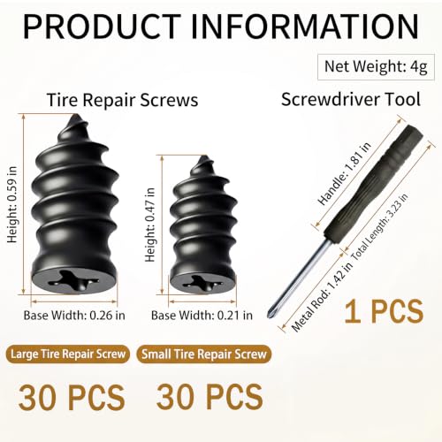 60Pcs Rubber Tire Repair Nails, 2 Sizes Spiral Vacuum Tire Repair Screws, Fast Self Service Puncture Fix Tools for Car Motorcycle Truck Tractor, Portable Box Packed