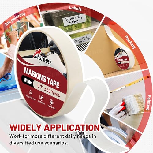 RED WOLF 3 Pack Masking Tape 0.7" x 60 Yards, General Purpose for Painting Arts Crafts Label Car Painting, Sharp Paint Line No Residue Painters Tape White Beige Crepe Paper Tape Heat Resistance - size: 0.7" x 60 Yards
