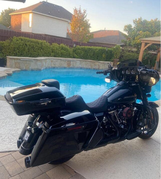 TCT-MOTORPARTS Vivid Black Chopped Motorcycle Tour Trunk Luggage Tail Box w/Backrest Pack Mounting Bracket Fit for Harley 2014-2025 Touring Road Street Electra Glide Special Road King - color: Vivid Black Chopped Trunk+Black Rack#1