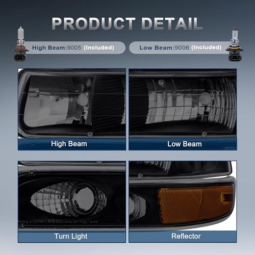 KUIPERAUTO Headlight Assembly Front Lamp Compatible with 1999-2002 Chevrolet Silverado 1500 2500 2000-2006 Suburban 1500 2500 Tahoe Black Housing/Smoked lens/Amber Corner w/Bulb - color: Black/Smoked/Amber