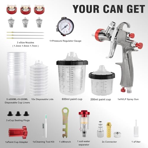 LVLP Automotive Paint Spray Gun R500 Kit, 1.3/1.5/1.7mm Nozzles LVLP Spray Gun with 650ml/200ml Mixing Cup & 10x Disposable Cups, for House Painting, Car, Furniture, Fence - color: 1.3/1.5/1.7mm 2Cup