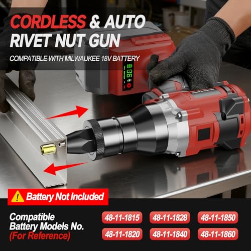 Cordless Rivet Nut Gun Compatible with Milwaukee 18V Battery (Tool Only), Electric Rivet Nut Tool with 1/4", 5/16", 3/8", M6, M8, M10 Nut Head, Battery Powered Rivetnut Tool, Auto Mode & Memory Mode - color: Red