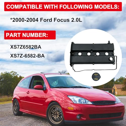 Engine Valve Cover Kit with Gasket & Oil Cap Compatible with 2000-2004 Ford Focus 2.0L Engine | Replaces OEM Part # XS7Z-6582-BA XS7Z6582BA