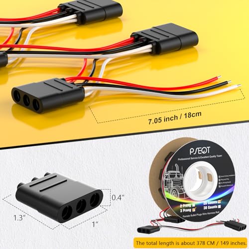 PSEQT 20 Counts 3 Prong Wire Harness Roll 3-Pin Female Bullet Plugs, 18 AWG Continuous Wire Harness 7" Spacing on Lead for LED Side Tail Clearance Marker Lights for Trailer Truck Bus ATV Van - size: 20 Counts
