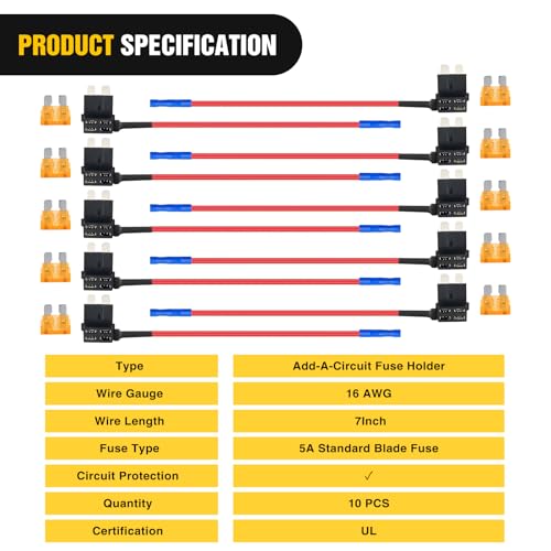 Nilight 10 Pack 12V Add-a-Circuit Standard ATO/ATC Fuse Tap Adapters 5A - color: 10Pcs Standard