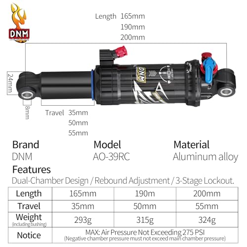 DNM AO-39RC 165mm Rear Shock Bike Air Rear Shock, for XC/TRAIL riding - size: 165mm