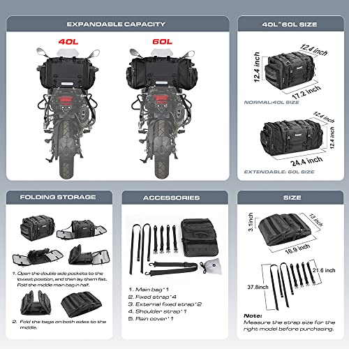 Rhinowalk Motorcycle Saddle Bag Motorbike Tail Bag Waterproof Expandable Pannier Bag Powersports Travel Luggage 60L (Black) - color: Black, size: 40-60L