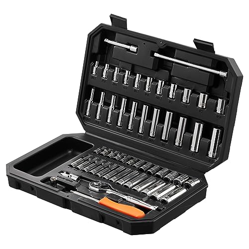VEVOR Socket Set, 1/4 Inch Drive Socket and Ratchet Set, 6-Point Socket Opening, 54 Pieces Tool Set SAE and Metric, Deep and Standard Sockets, 5/32-9/16 in, 4-14 mm, with Accessories, Storage Case - size: 54-PCS