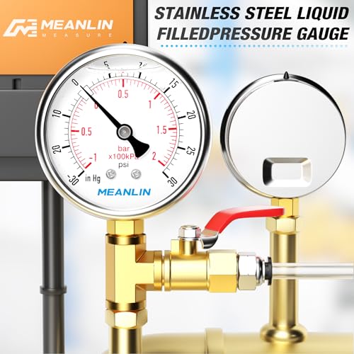 MEANLIN MEASURE -30inHG~30Psi Stainless Steel 1/4" NPT 2.5" FACE DIAL Vacuum Pressure Gauge, Lower Mount, with 1/2" NPT and 3/8" NPT Hex Bushing - size: -30inHG-30Psi
