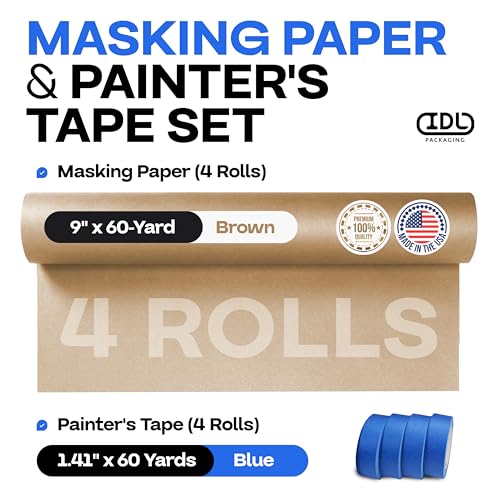IDL Packaging Masking Paper and Tape Set - 9" x 60 Yards Brown Masking Paper (4 Rolls) and 1.41" x 60 Yards Blue Painter’s Tape (4 Rolls) - Masking Kit for Painting and Home Improvements - color: 09"x180', Brown, size: 4 Rolls + Tool