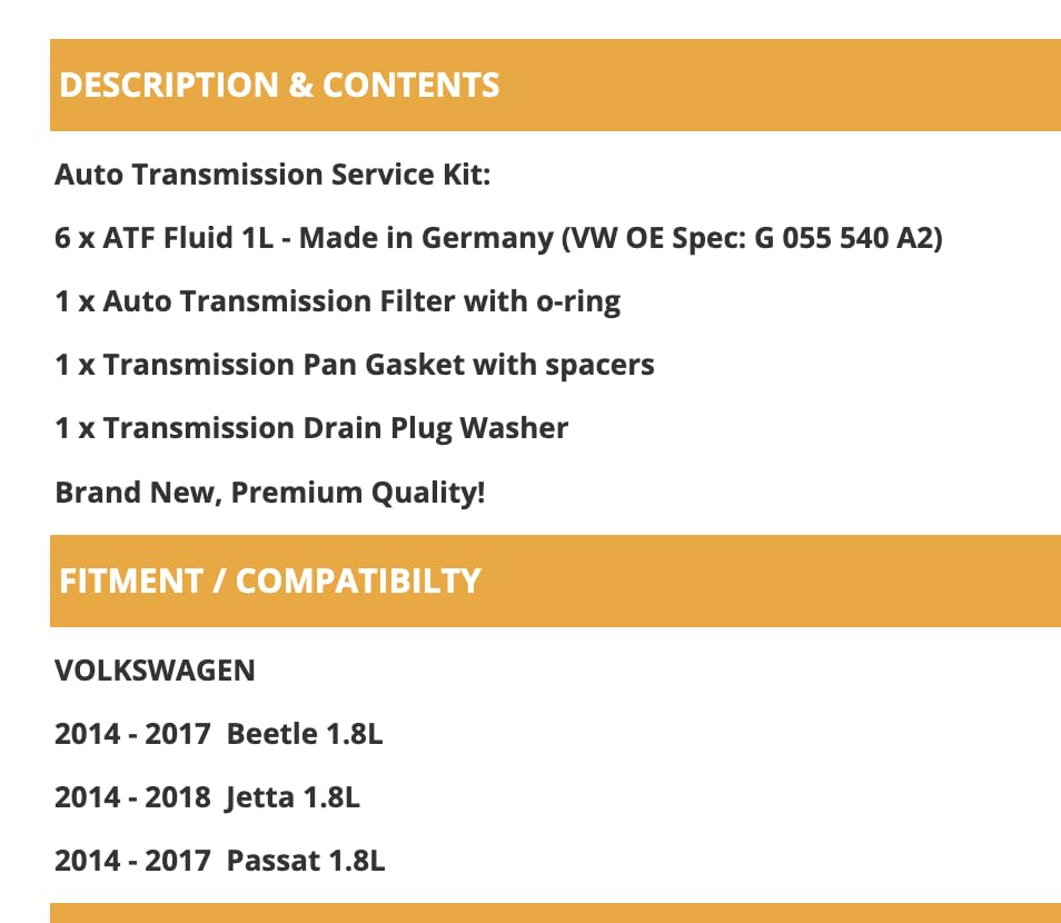 Auto Transmission Service Kit: 6L ATF Fluid + Filter for VW 1.8L Beetle Passat Jetta (2014-2017)
