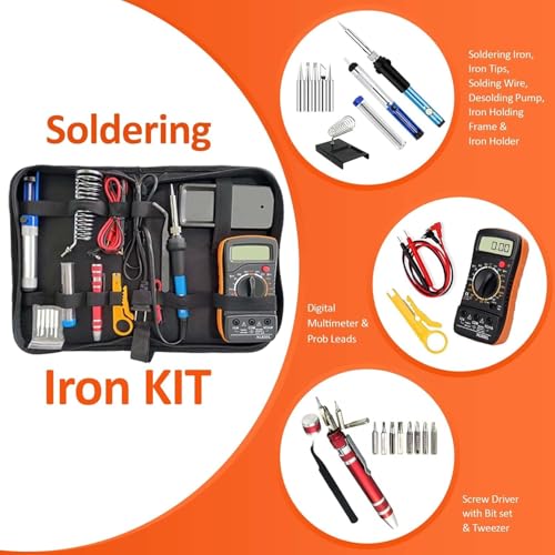 Soldering Iron Kit with Digital Multimeter,60W 110V Adjustable Temperature,5 Tips, Desoldering Pump, Wire Stripper,Carry Case-Electric Soldering Set for Electronics Repair,PCB,Arduino,DIY