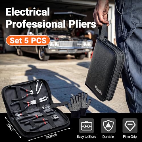 Preciva 9-in-1 Automotive Electrical Connector Tool Kit,Terminal Release Pliers Set with Wire Cutter, Hose Clamp Pliers, 8-Piece Separator Picks, Gloves & Storage Bag for Car, Truck, SUV, Jeep - color: All Black