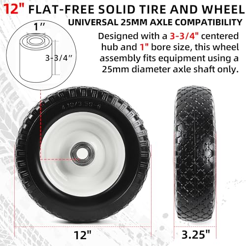 AR-PRO (2-Pack) 12" Flat-Free Solid Tire and Wheel, with 3-3/4" Centered Hub & 1" Bore, Fits 25mm Axle Shaft, Replacement Heavy-Duty Trailer Dolly & Utility Cart Wheel Set