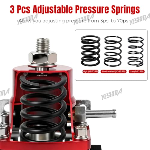 EFI Fuel Pressure Regulator Kit 3-70psi with Gauge Springs Universal Adjustable Aluminum 8AN Feed to 6AN Return (Black+Red) - color: black+red
