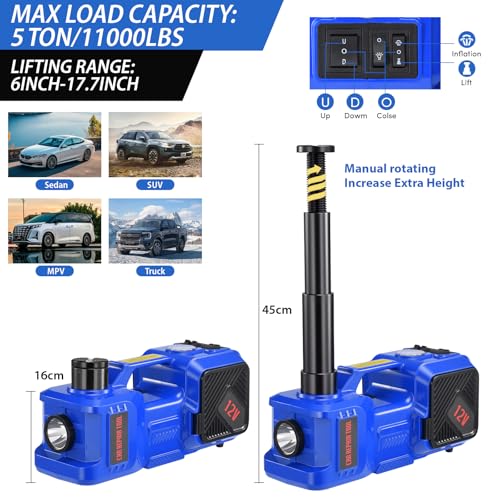 Electric Car Jack kit 5 Ton 12V Electric Floor Jack Lift for Vehicle, Electric Hydraulic Jack Auto Repair Tool Set with Built-in Inflator and Impact Wrench for SUV Sedan Truck Tire Change Blue - color: Blue