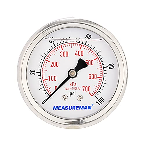 MEASUREMAN 2-1/2inch Dial Size, Glycerin Filled Pressure Gauge, 0-100psi/kpa, 304 Stainless Steel Case, 1/4 Inch NPT Center Back Mount - size: 0-100 psi, style: Back Mount