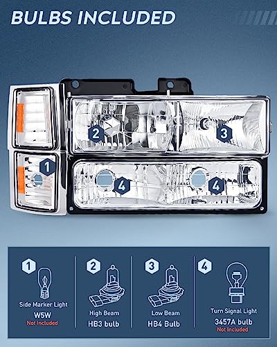 Nilight Headlight Assembly Compatible with 94-98 GMC Sierra Chevy Suburban - color: Chrome Housing+ Amber Reflector