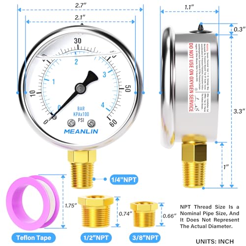 MEANLIN MEASURE 0~60Psi Stainless Steel 1/4" NPT 2.5" FACE DIAL Liquid Filled Pressure Gauge, Pool Sand Filter Pressure Test Lower Mount, with 1/2" NPT and 3/8" NPT Hex Bushing - size: 0-60Psi