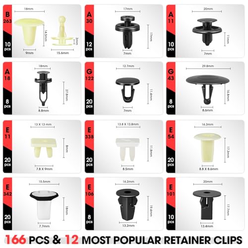 DNA Motoring 166pcs Car Push Retainer Clips, Plastic Bumper Clip Fender Clip, Door Trim Panel Clips, Bumper Fender Rivets Fasteners Push Retainer Kit for Ford, GM, Chrysler, Toyota, TOOLS-00732 - style: 166pcs