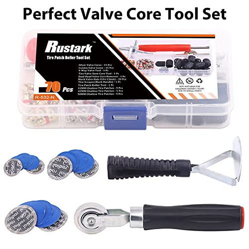 70Pcs Tire Repair Kit - Patch, Scraper, Valve Stem Removal Tools, Cores, Caps & Patches for Punctures