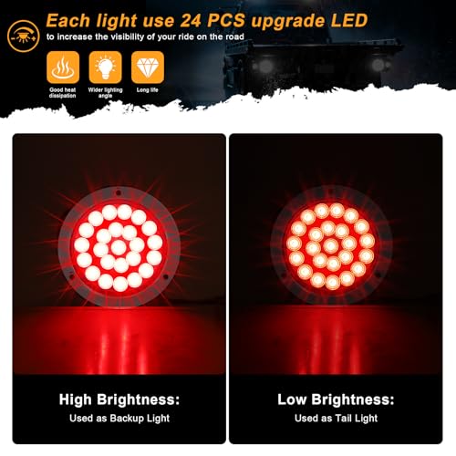 4 Inch Round Trailer Tail Light 2PCS Red 24LED Chrome Bezel Waterproof IP67 Stop Brake Turn Lights for Truck Trailer RV Van Camper Boat Lorry - color: Red