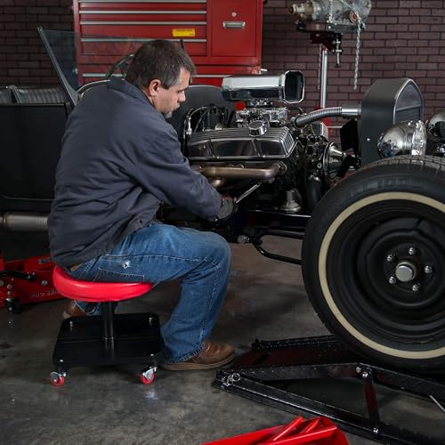 Big RED Rolling Mechanic Stool with Tool Tray, Pneumatic Garage Seat, Adjustable Height Form 17"-22",Storage Workshop Chair for Auto Repair