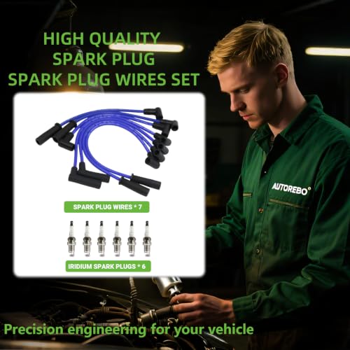 Set of 7 PCS Ignition Spark Plug Wires 671-6128 53168 5017059AB & 6 Iridium Spark Plugs Compatible with Jeep Grand Cherokee Comanche Wrangler TJ 4.0L L6# RC-CRX026 7648 6716128 16-806G 56041856AA - size: 6128
