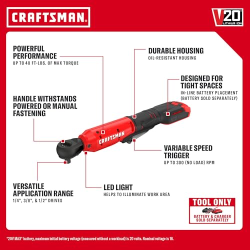 CRAFTSMAN V20 Cordless Ratchet Wrench, Multi-Size 3/8 Ratchet, 1/4 and 1/2 Interchangeable Anvils, LED Light, 40 ft-lbs Torque, 300 RPM, Battery Not Included (CMCF935B) - style: NEW V20 3/8 Inch Drive Ratchet