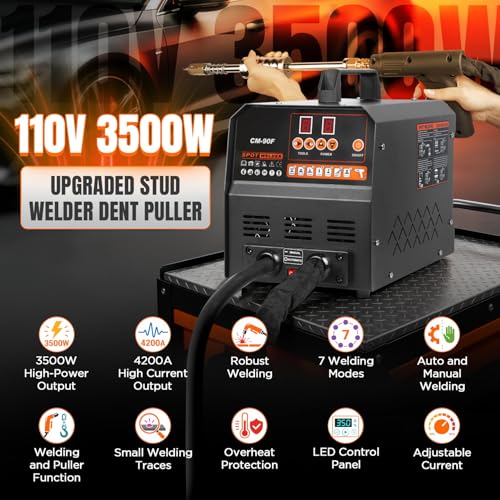 Stud Welder Dent Puller, 3.5KW Spot Welder Dent Puller Machine 110V 4200A, 7 Weld Modes & Auto/Manual Welding Auto Body Repair Kit with Overheat Protection, 17 Accessory Types for Car/Truck/Motorcycle - color: Black-Orange