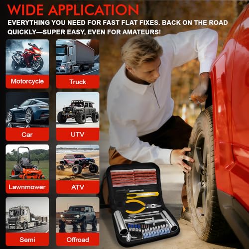 77Pcs Tire Plug Kit, Heavy Duty Tire Repair with Rubber Nails, Screw Plugs, T-Handle, Professional Fix a Flat Puncture Patch Tools Kit for Car, Motorcycle, Truck, UTV, ATV & Lawn Mower Tubeless - size: 77 Piece Set