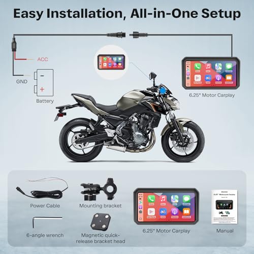 WonVon 6.25 Inch Wireless Motorcycle Carplay GPS Navigation System with Apple Carplay and Android Auto Portable Screen with Dual Bluetooth, Navigation, Siri, Google Assistant with Magnetic Mount - size: 6.25 Inch+Magnetic Mount
