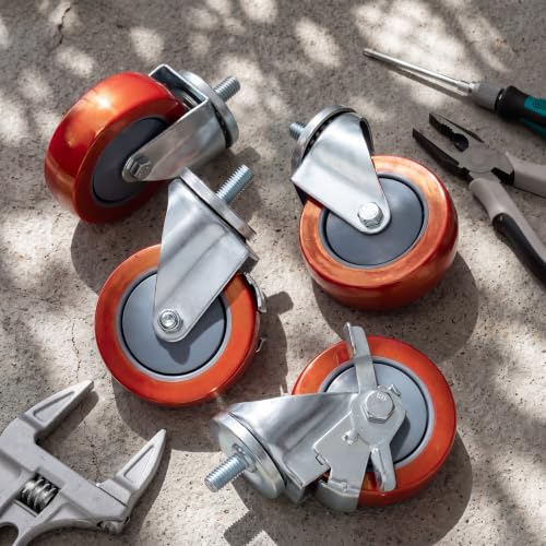 Hicarer Set of 4 Transmission Jacks Casters, 1/2inch-13 Red Poly Rotating Threaded Rod Casters Set, 2 Locking and 2 Non Locking, Transmission Jack Replacement Parts, 360° Swivel Wheel