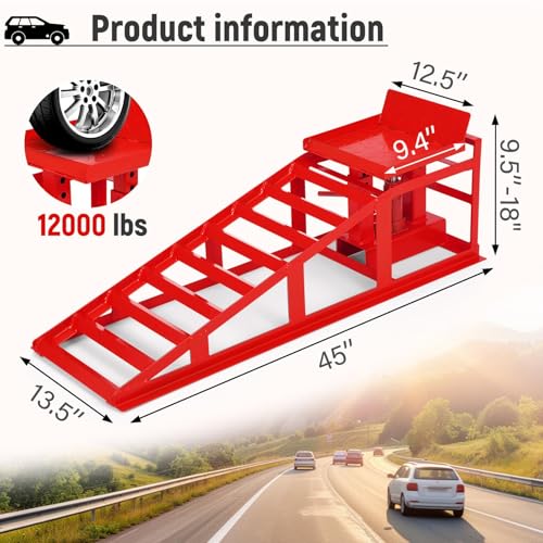 Car Ramps 12,000lbs Capacity – Heavy Duty Low Profile Steel Lift Ramps (2 Pack) with Adjustable Height 9.5" to 18" for Trucks, Trailers, SUVs & Garage Vehicle Repairs-Red