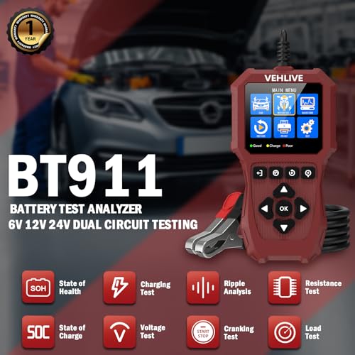 Car Battery Tester 6V 12V 24V with Lithium Battery Testing, BT911 5-3000CCA Automotive 12V&24V Dual Circuit Testing, Load/Alternator Tester, Charging Cranking System Tester for All Car Motorcycle Boat - color: Light Red