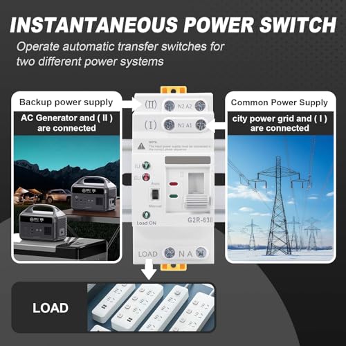 63Amp 220V AC Mini ATS Automatic/Manual Transfer Switch, 2Pole G2R Solar Auto Dual Power Changeover Switch for Home, Din Rail Mounted 50/60Hz CE Certified for Rv, Lv, Cn Public/Backup Power