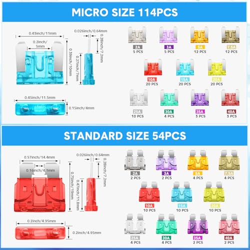 DaisyInner 168 Pcs Car Fuse Assortment Kit 54 Standard and 114 Mini Blade Auto Fuses 2/3/5/7.5/10/15/20/25/30/35/40A, 10 Pcs Car Relay 5 Pin 12V 30/40A and 2 Pcs Relay Fuse Puller Pliers Removal Tools