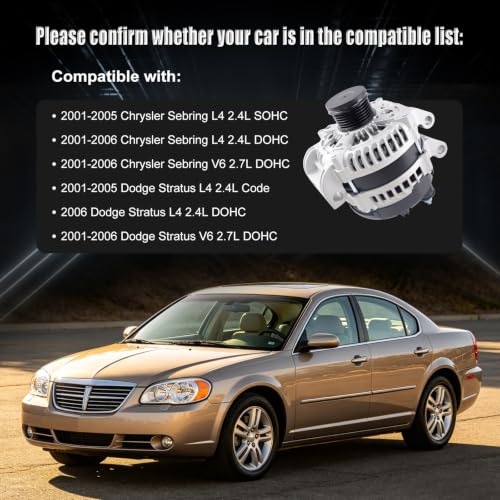 Alternator for 01-05 Sebring 2.4/2.7L, 01-05 Stratus 2.4L 13868N - size: 2001-2006 Sebring V6 2.7L DOHC