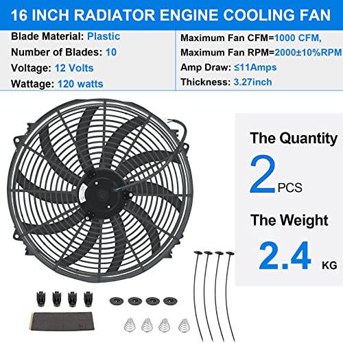2PCS 16 Inch Universal Slim Push Pull Electric Radiator Cooling Fan - color: Black, size: 16 inch