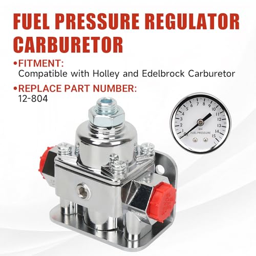 12-804 Fuel Pressure Regulator Carburetor with Gauge Kit Compatible with Holley and Edelbrock Carburetor, 1-4 PSI, 3/8in NPT Port, 1-In, 2-Out