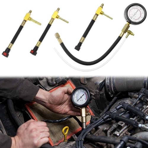 QWORK Universal Fuel Pressure Test Kit, Dual Scale Gauge (0-7 bar/0-100 psi) with Multiple Adapter Sizes, Brass Connectors