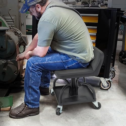 M-AUTO Padded Seat Garage Stool on Wheels, 16”-21” Height Adjustable Swivel Mechanics Seat with Tool Tray Storage for Garage and Garden, 300lbs Capacity - size: 21" Square