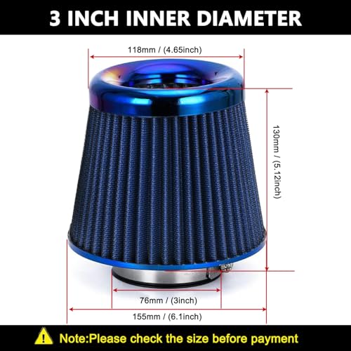 Cold Air Intake Filter, High Performance, Washable Filter, Clamp-On Replacement Air Filter, Flange Diameter 3inch/76mm Blue - color: Blue