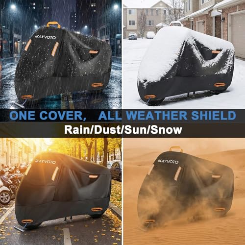 Motorcycle Cover 420D Heavy Duty | All Season Waterproof Outdoor Weather Sun Rain Protection Powersports Vehicle Cover | with 4 Reflective Tape, Lock-Holes, Storage Bag fits up to 96.5" - size: 96.5"