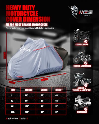MZS Motorcycle Cover Waterproof Outdoor, Heavy Duty All Season Weather Protection with Cotton Lining Vents Night Reflective Lock Holes Storage Bag fits up to 96" Motorcycle Powersports Vehicle Cover - size: X-Large 96 inches
