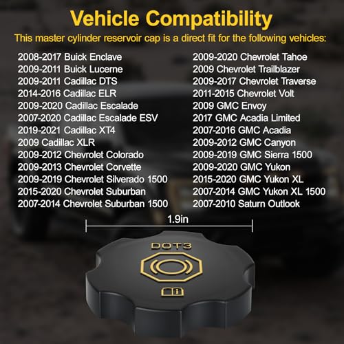20760280 Dot 3 Brake Fluid Cap Replacement, Brake Master Cylinder Reservoir Cap, Fits Cadillac Escalade ESV, Chevrolet Tahoe Volt Corvette, GMC Yukon Sierra Acadia & Buick Enclave Lucerne