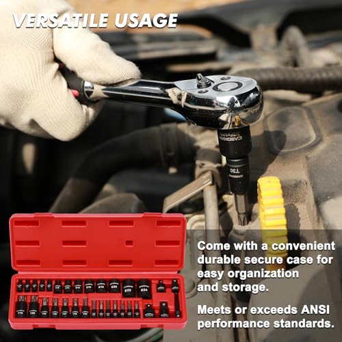 CASOMAN 32-Piece Torx Bit Socket and Female External Socket Set, 14 Star Bits (T8- T70) and 13 Female E-Torx Sockets (E4-E24), Include 5 Impact Socket Adapter - size: 32-Piece (T8-T70 & E4-E24)