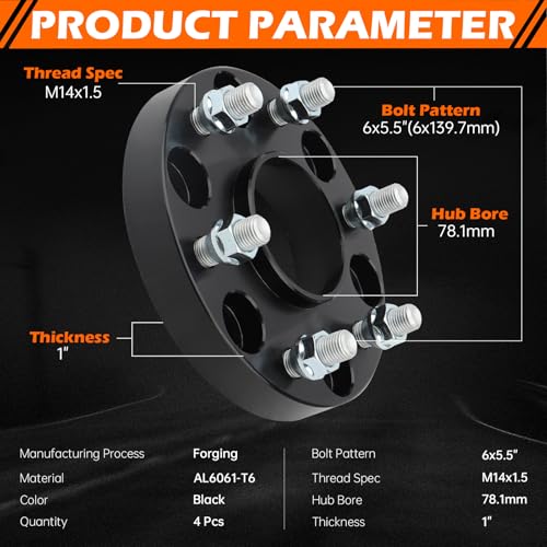 GAHA 6x5.5 Wheel Spacers M14x1.5 108mm Fit for Chevrolet, for Cadillac, 1in - color: 6x5.5-78.1mm-4PCS