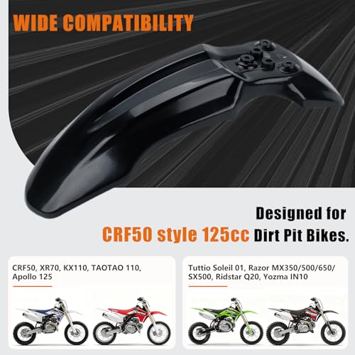 Dirt Bike Front Fender for Yozma IN10 Tuttio Soleil 01 MX350/500/650 SX500 KX110 XR70 Ridstar Q20 CRF50 Style with Mounting Bolts Ebike Dirt Pit Bike Wheel Mudguard (Black) - color: Black