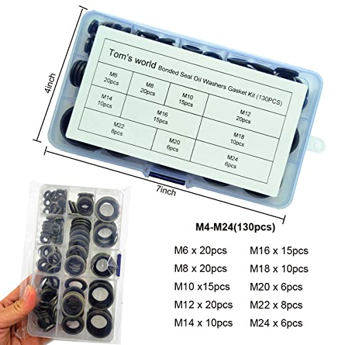 130Pcs Self-Centered Bonded Seal Oil Washers Gasket Assortment Kit for Plumbing, Automotive, Mechanical, Electrical, Cylinder Repairs (M6-M24)